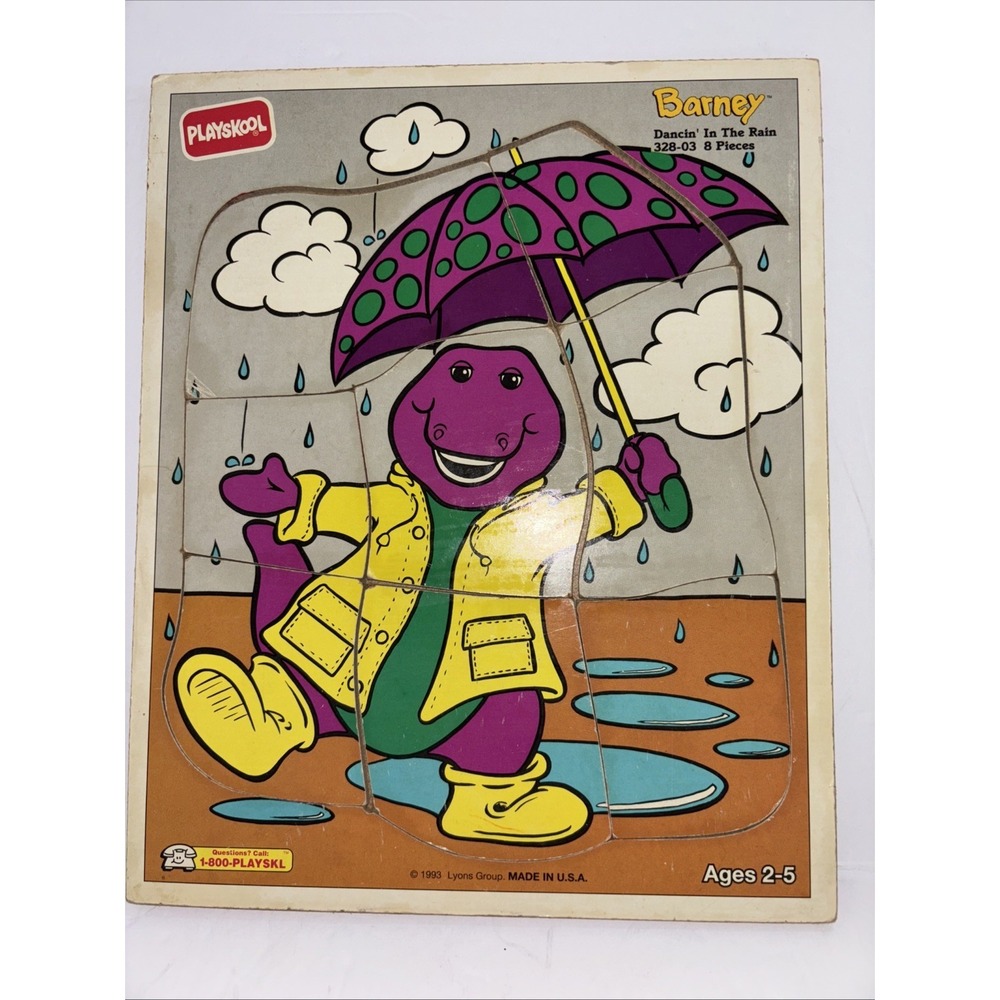 Vintage Playskool  Barney Dancing in the Rain Dancin' Wooden Puzzle 1993